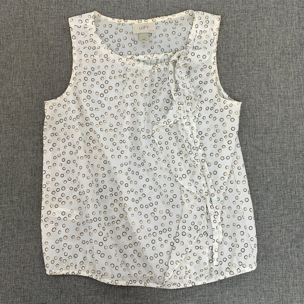 LOFT Sleeveless Polka Dot Top Ruffled Detail Ivory & Off White Lightweight XSP